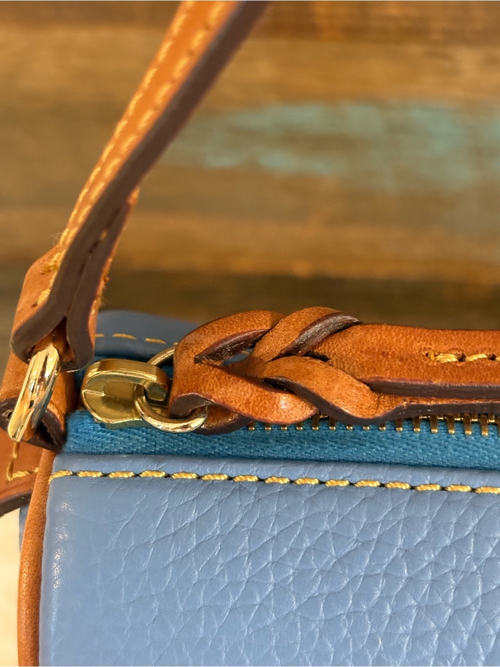 Dooney & Bourke Blue Pebble Leather Mini Barrel Bag with Brown Trim - Picture 3 of 11